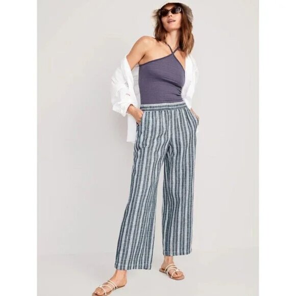Old Navy Linen Blend Wide Leg Pull On Pants Trousers Blue Striped Size 3X NWT - Picture 1 of 11